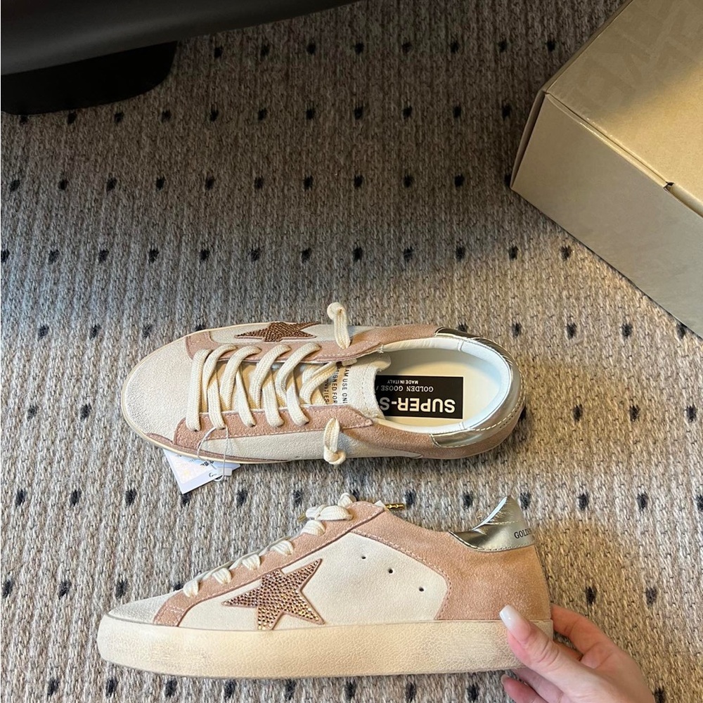 Golden Goose Beige and Blush Pink Low-Top Sneakers with Gold Star Accent
